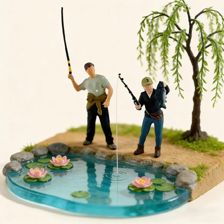 Artistic 1/64 Scale Miniature Fishing Figure Resin Attractive Mini Fishing Scene Resin Ornament for Decorative Use Gift