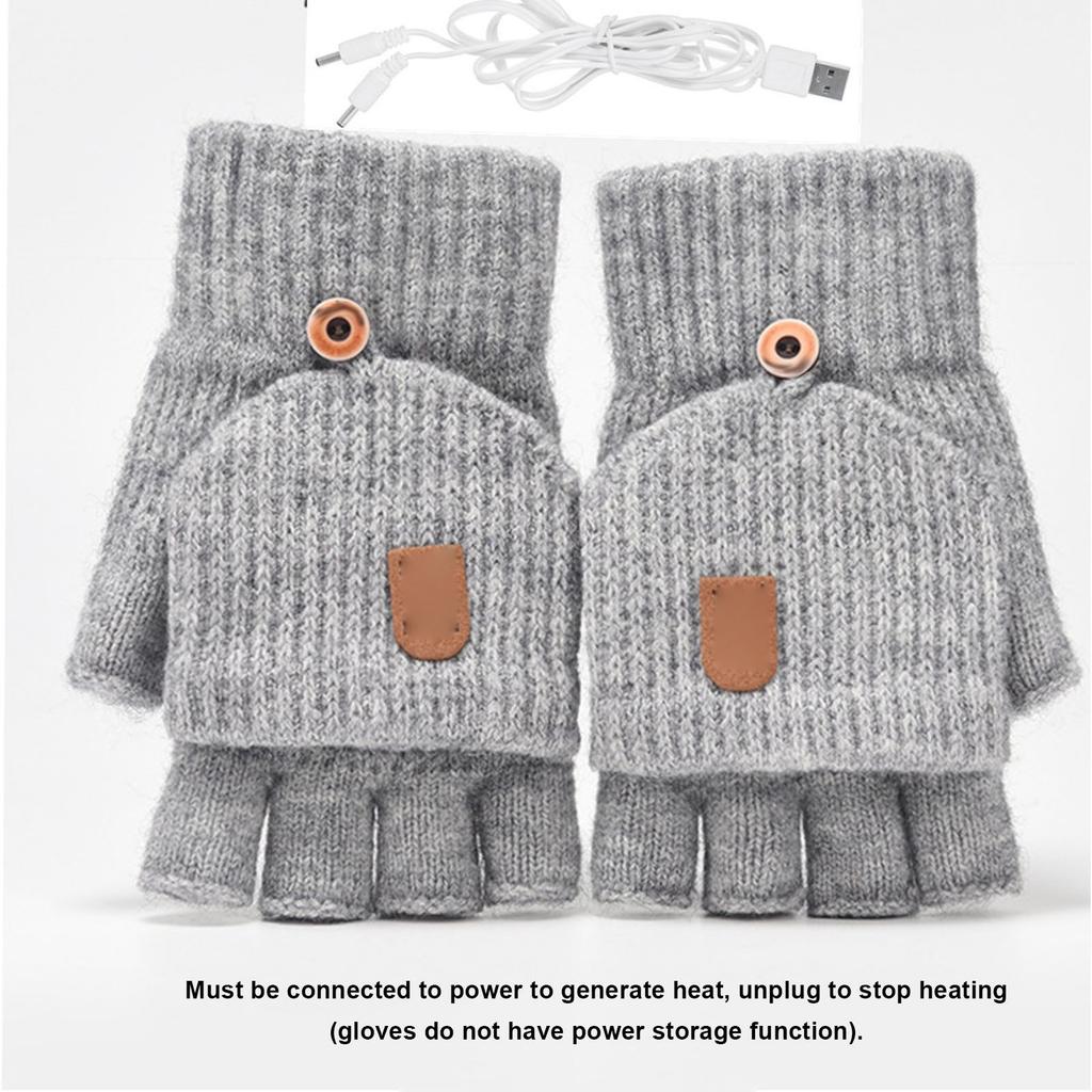 USB Heated Gloves Fingerless for Men Women Acrylic Fiber Electric Hand Warming Gloves for Winter Skiing Gaming Light Gray