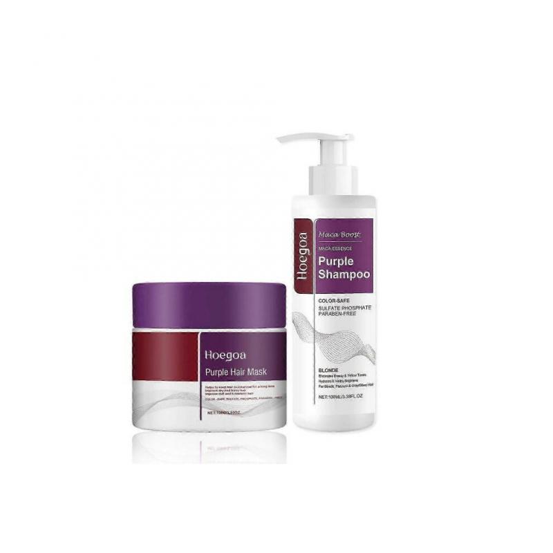 Maca Purple Hair Mask and Purple Shampoo Set,Maca Essence Purple Shampoo,Neutralizes Brass & Yellow Tones for Blonde Silver Gray Highlighted Hair