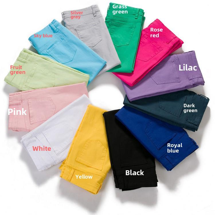 2025 Sommer Koreansk Slim Fit Godterifarge Dame Capri Denim Leggings