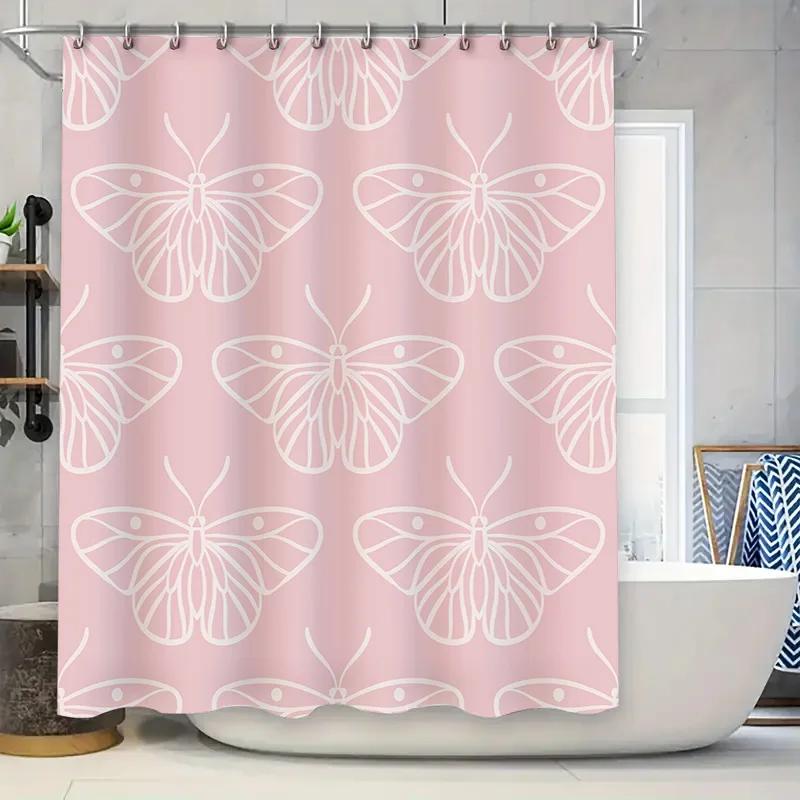 

Pink Butterfly Shower Curtain Decorative Bath Mat Waterproof Fabric Bathroom Decoration Large Size (200X185Cm) W60H190(CM)-1 Pcs
