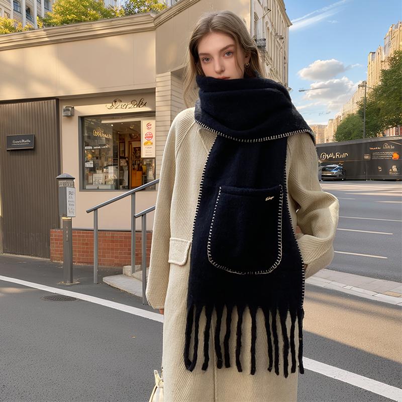 Luxury Cashmere Solid Colors Women Pocket Scarf Winter Shawl and Wrap Bandana Pashmina Tassel Female Foulard Thick Blanket