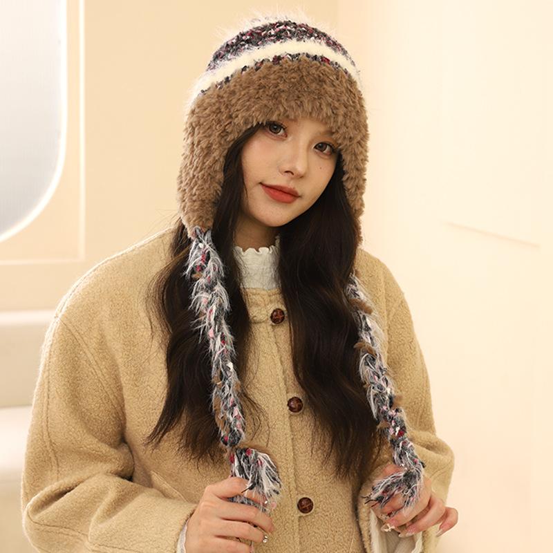 Ethnic Style Striped Splicing Knitted Wool Hat Autumn and Winter Women's Thickened Warm and Cold-proof Ear Protection Pullover Hat Lei Feng Hat