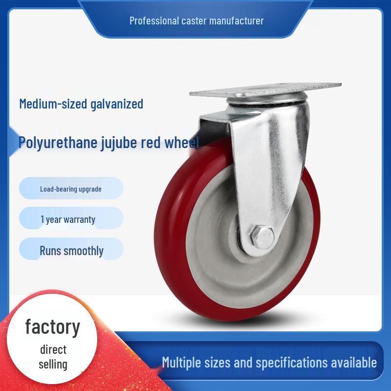 Red Polyurethane Swivel Casters, Medium-Thick 3'', 4'', 5'', Double Bearings, Wear-Resistant, High-Strength Furniture Wheels