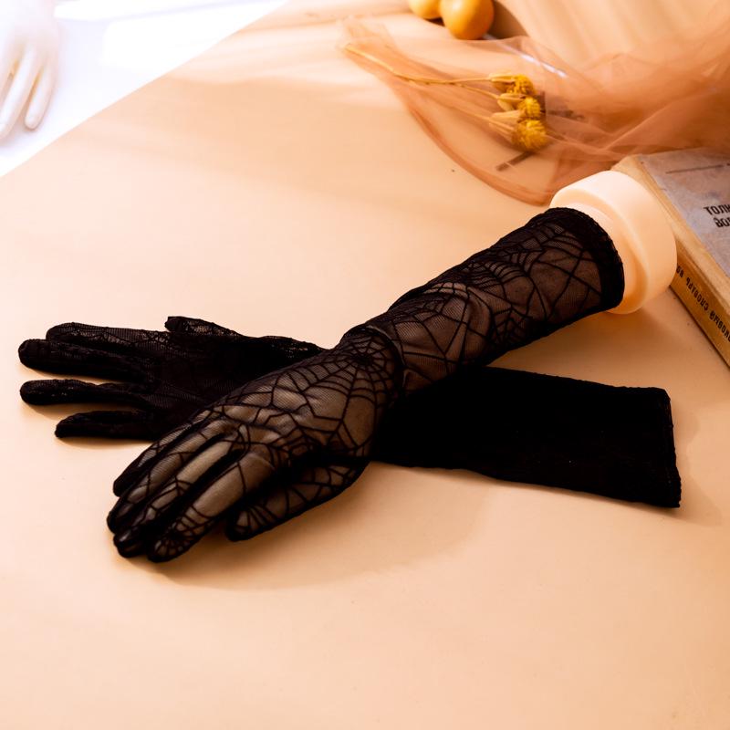 Krajkové rukavice bez prstů v korejském stylu s UV ochranou – Černý design pavučiny pro ženy
