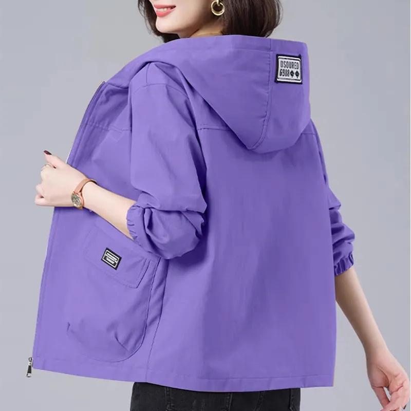 Giacca a Vento con Cappuccio Primavera Autunno Donna Coreana Casual Lunghezza Media Zip Cappotto Capo Esterno Casual Femminile Giacca Larga