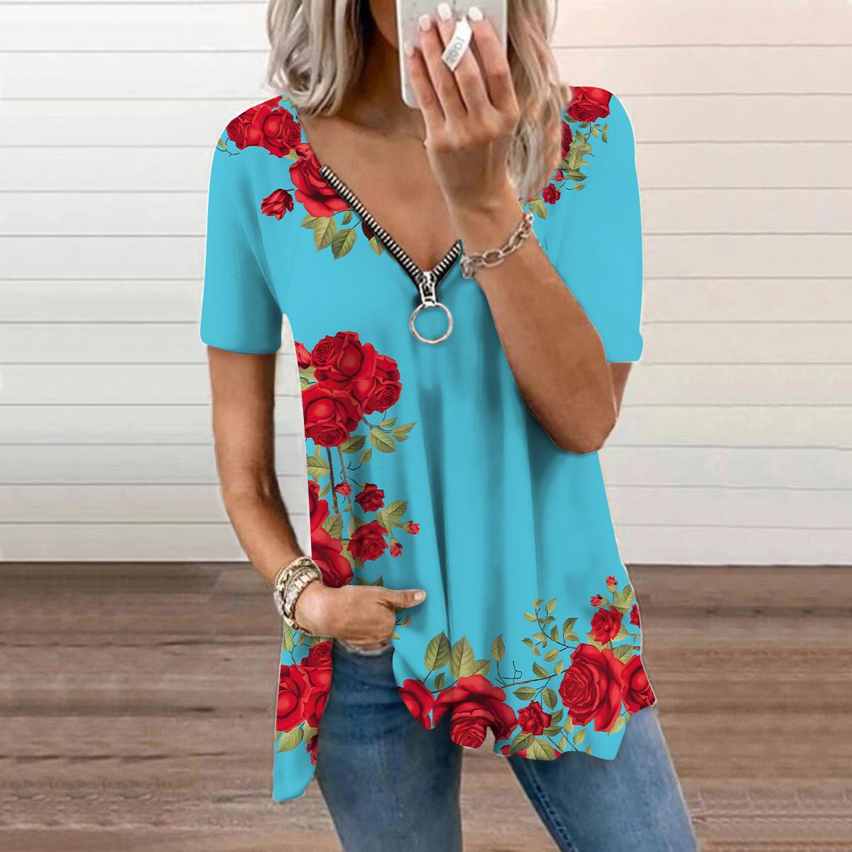 

Женский топ, летний новый модный повседневный разноцветный топ с принтом роз и застежкой-молнией с v-образным вырезом и короткими рукавами 8XL светло-синий