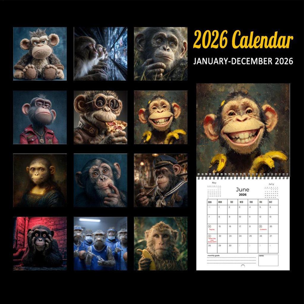 2026 Cartoon Monkey Calendar Funny 12 Month Planner Double-sided Monthly/weekly View Daily Inspirational Quotes Calendar