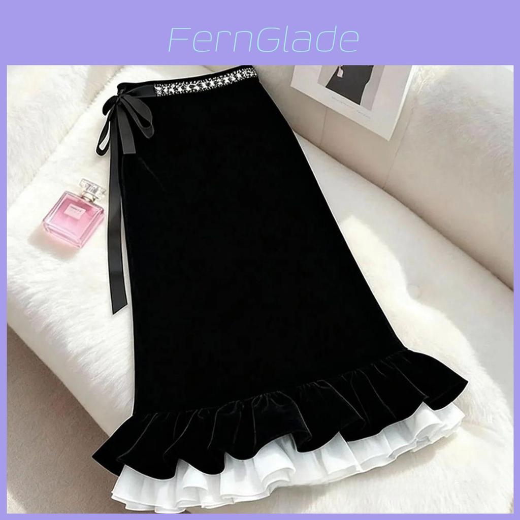 Cotton Blend Velvet Midi Skirt With Lace Trim For Elegant Ladies Spring Autumn Wear