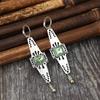 Vintage Silver Color Geometry Round Square Green Stone Carving Dangle Earrings for Women Jewelry