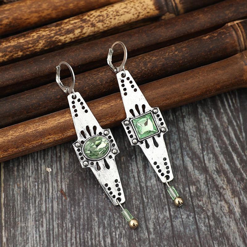 Vintage Silver Color Geometry Round Square Green Stone Carving Dangle Earrings for Women Jewelry