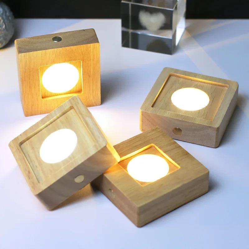 Square Led Wooden Lamp Holder Rechargeable Night Light Desktop Atmosphere Lamps Solid Wood Lights Base Art Decoration Fixtures