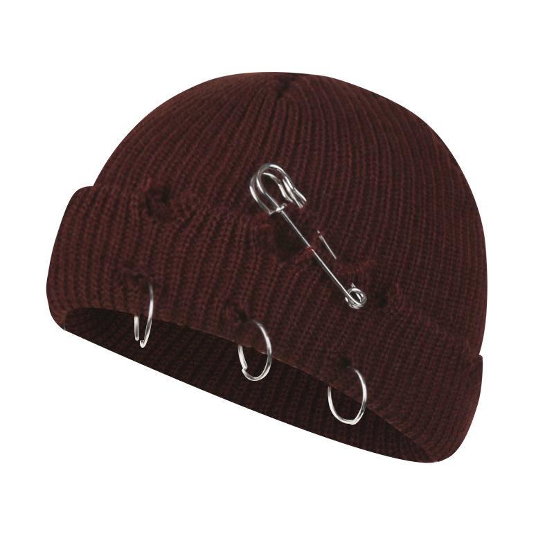 Women Girls Y2k Gothic Beanie Winter Knit Hats Trendy Metal Rings Pin Hip Hop Streetwear Harajuku Skull Cap Emo Scene Grunge