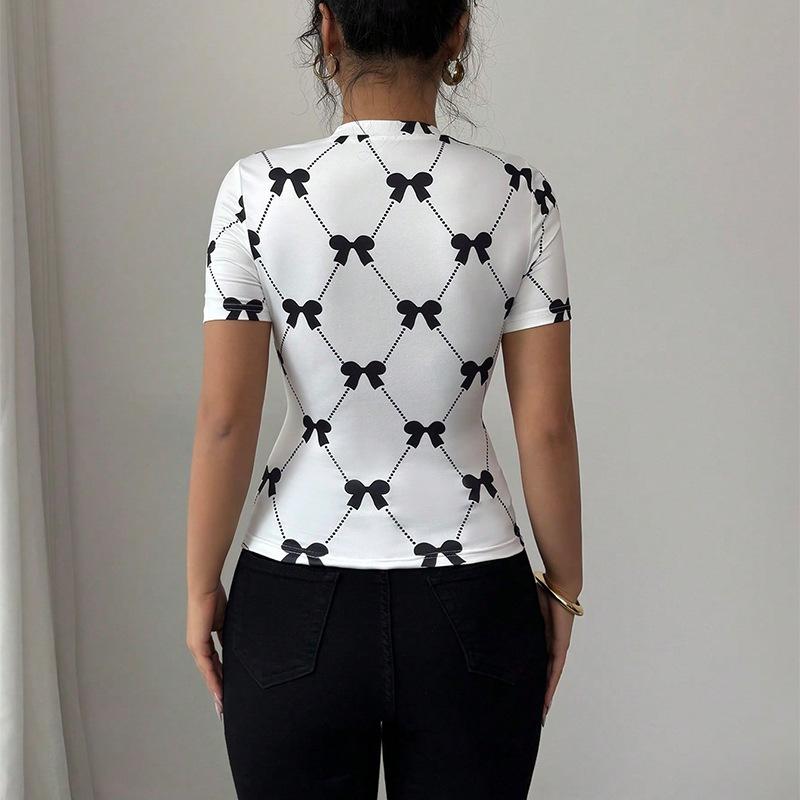 Ladies Summer Short Sleeve O Neck Bowk Breathable Slim Fit Tight Pullover T Shirt Top