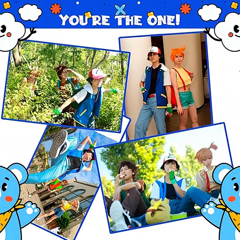 Pokemon Ash Ketchum Dětský Cosplay Kostým Set s Kloboukem Vesta Rukavice 4-5 Let 120cm Narozeninový Dárek Halloween Role Play Trenérský Oblek
