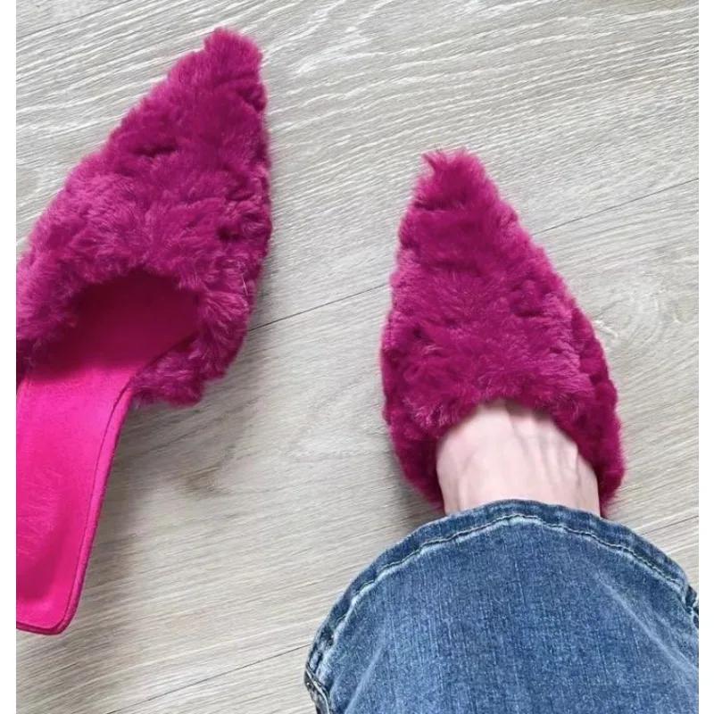 

Fashion New Slippers Casual Shoes Woman Pink Slides Shallow Butterfly-Knot Med Cover Toe Fur Flip Flops Pantofle Luxury Plush Pumps 40