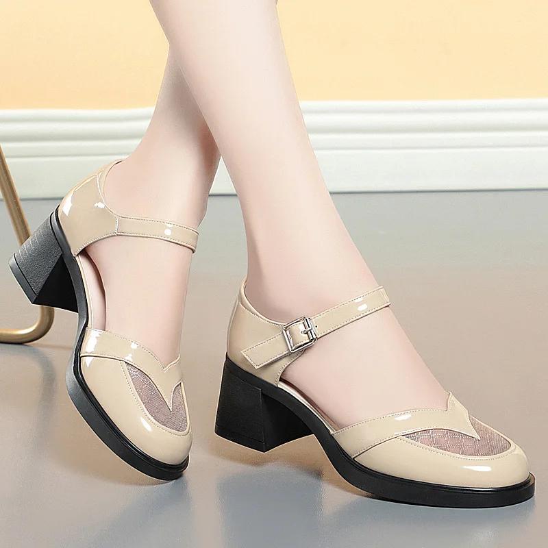 5.5cm Fashion Breathable Mesh Leather Sandals Mary Janes Summer 2025 Close Head Med Heels Sandals Women for Office Mom Girls