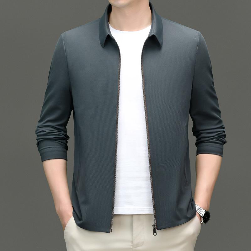 2024 Men's High-End Spring/Autumn Casual Solid Color Lapel Jacket for Middle-Aged Men - Thin Style Dad's Wear