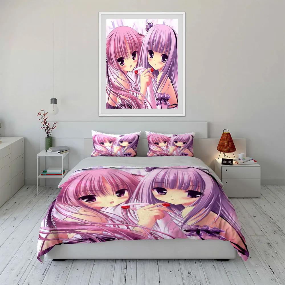 3Pcs Anime Lolita Bedding Set Two Pink-Haired Girls with Cherries Print Duvet Cover + 2 Pillowcases Kawaii Bedroom Decor