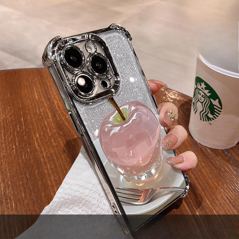 Crystal Apple Bracket Suitable for Apple 16 Mobile Phone Case Huawei Mate70pro Electroplating Anti-fall 15 Transparent 14/13