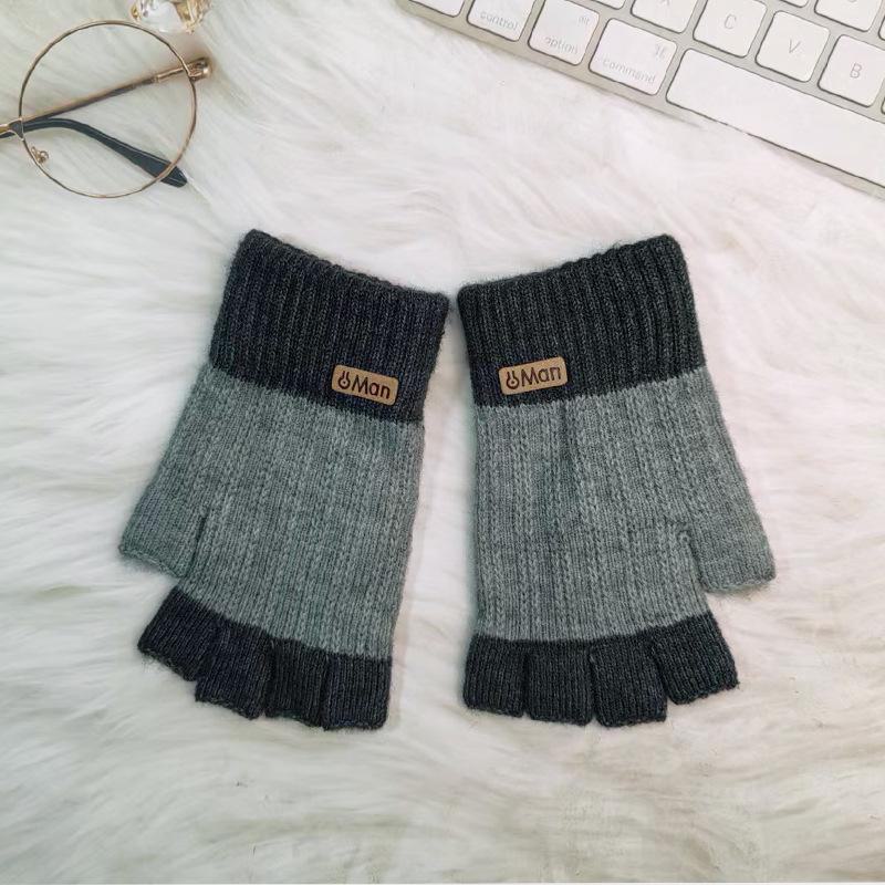 

Мужские зимние теплые вязаные шерстяные перчатки без пальцев для письма и езды на велосипеде MAN logo светло-серый