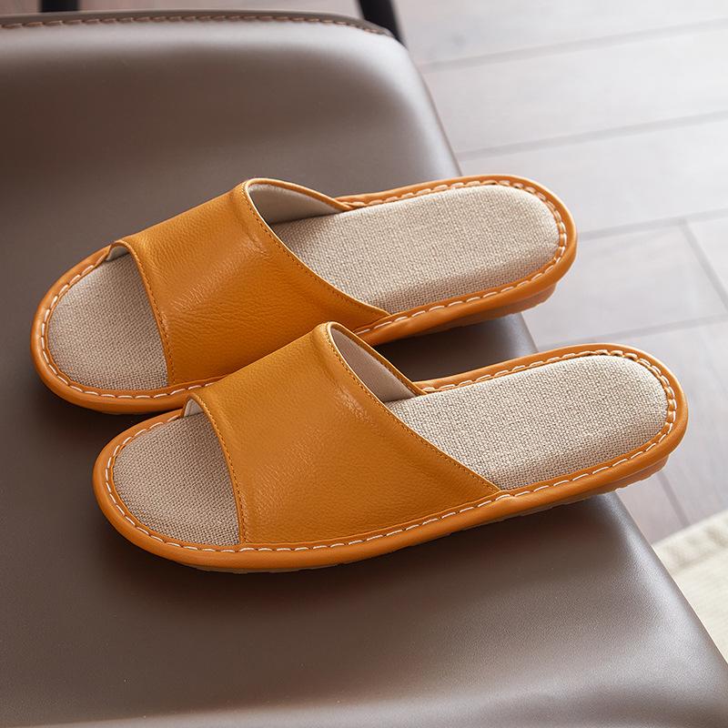 Leather slippers first layer cowhide indoor home beef tendon bottom non-slip genuine leather linen slippers women's high sense of home