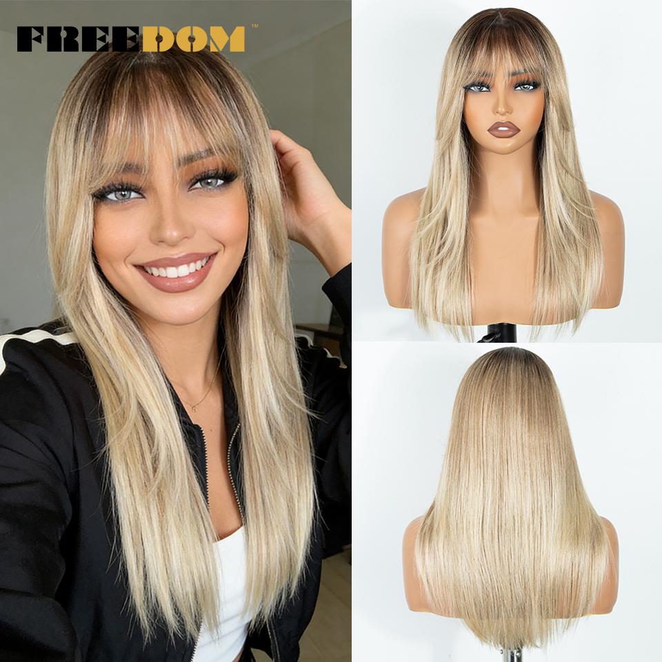 FREEDOM Gerade Geschichtete Synthetische Spitze Front Perücke Mit Pony 20 Zoll Ombre Braun Blond Vorgeschnittene Spitze Perücken Rosa Cosplay Perücke