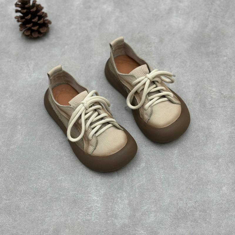 Johnature Retro Genuine Leather Lace Up Women's Shoes Casual Round Toe Cowhide Flats