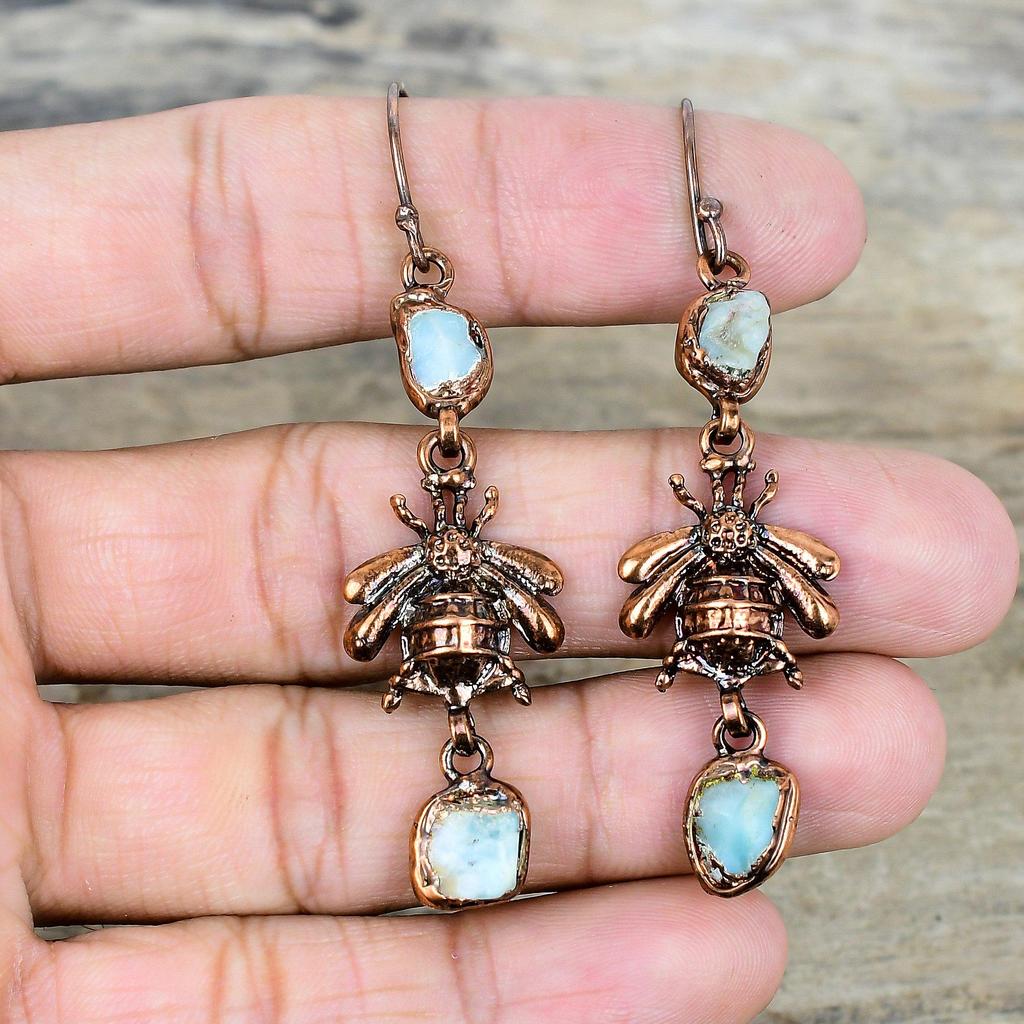 Larimar Rough Earring Electroformed Copper Earring Honey Bee Jewelry Gemstone Earrings Copper Jewelry Engagement Gifts Handmade Drop Earring