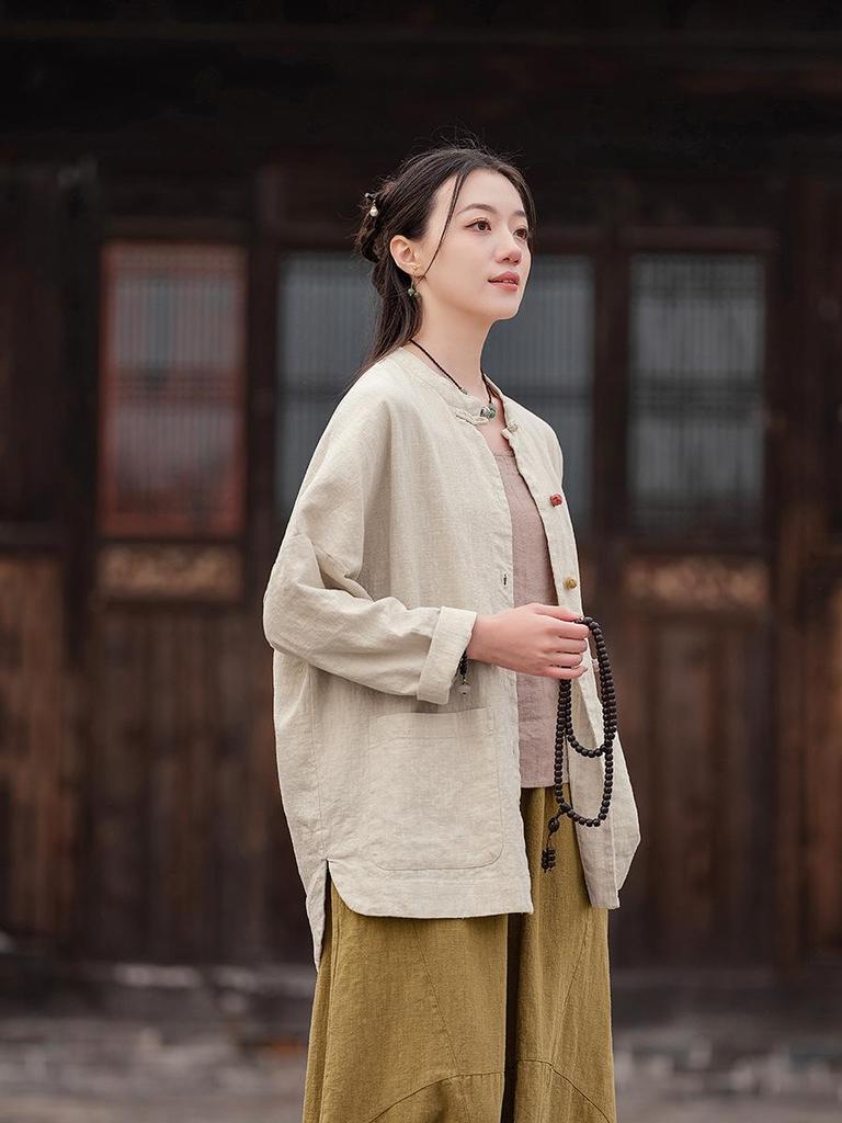 Spring Hemp Color Block Stand Collar Zen Jacket - Women's Cotton Linen Chinese Style Cardigan