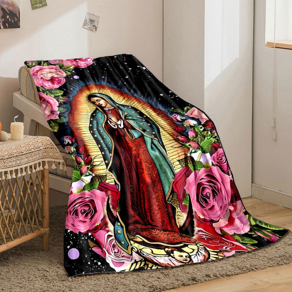 Our Lady of Guadalupe Floral Blanket Bedroom Blanket for Livingroom Couch Lunch Break Soft Throw for Friend's Festival Gift