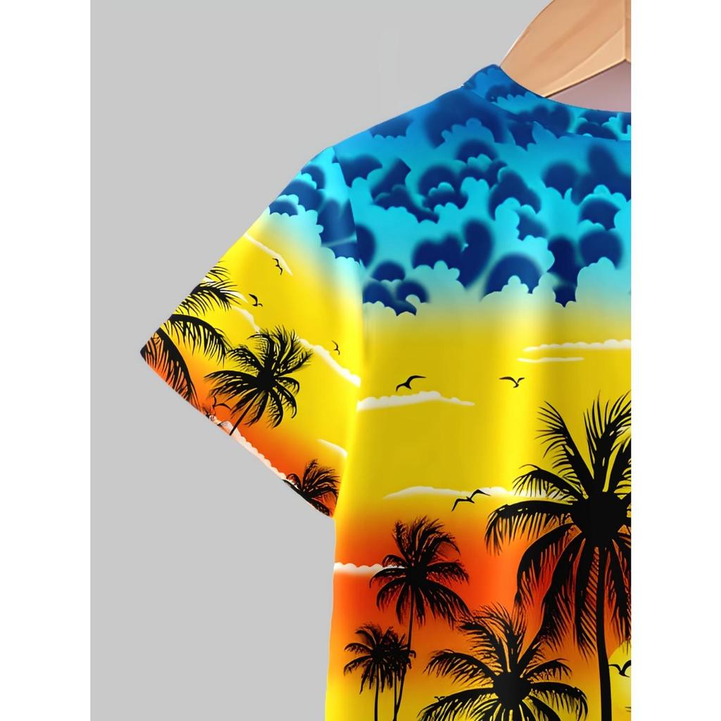 Summer boys' casual sports short sleeved shorts 2-piece set - brown paulownia tree 3D printed pattern T-shirt top+shorts set