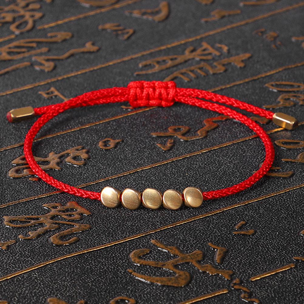2Pcs Tibetan Copper Beads Bracelet Adjustable Handmade Buddhist Lucky Knot Red+Black Cord Bracelet for Women Men