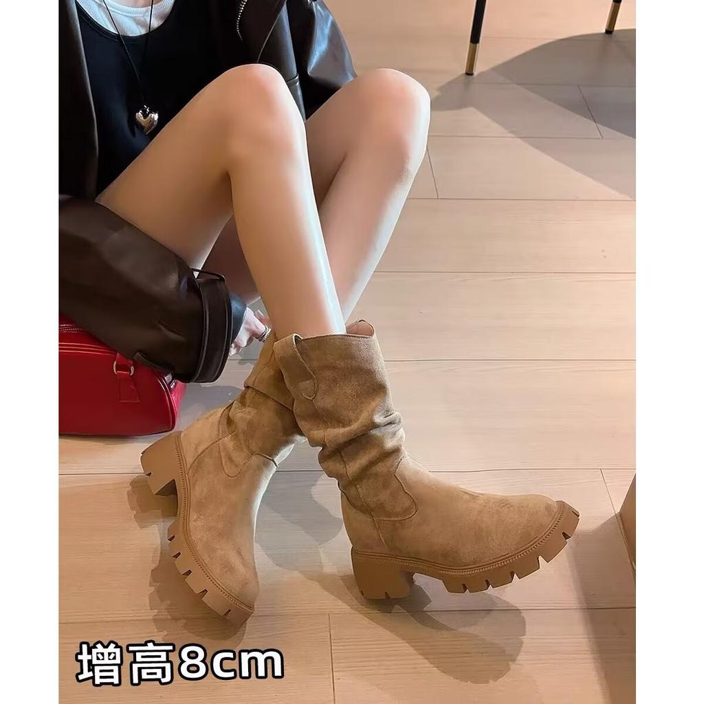 Inner heightening Martin boots women's 2025 new spring, summer and autumn V-mouth suede small man wrinkled pile short boots