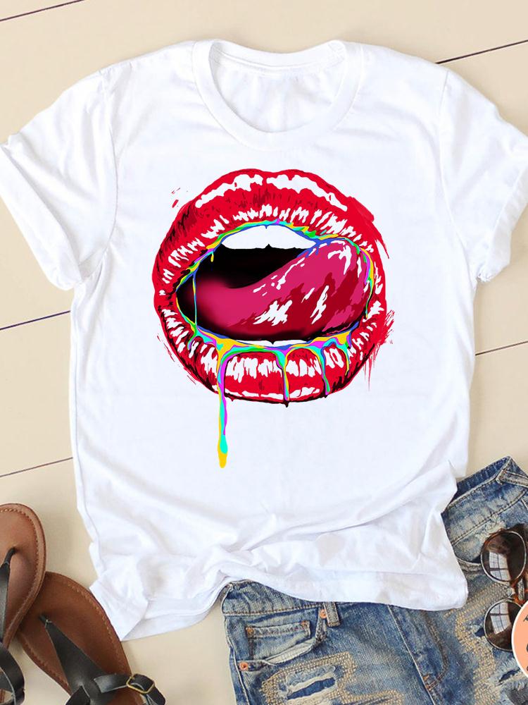 Clothing Summer Short Sleeve Watercolor Lip Sexy New Ladies Casual Unisex Fashion Graphic Tee Tshirts Female T Shirt Clothes