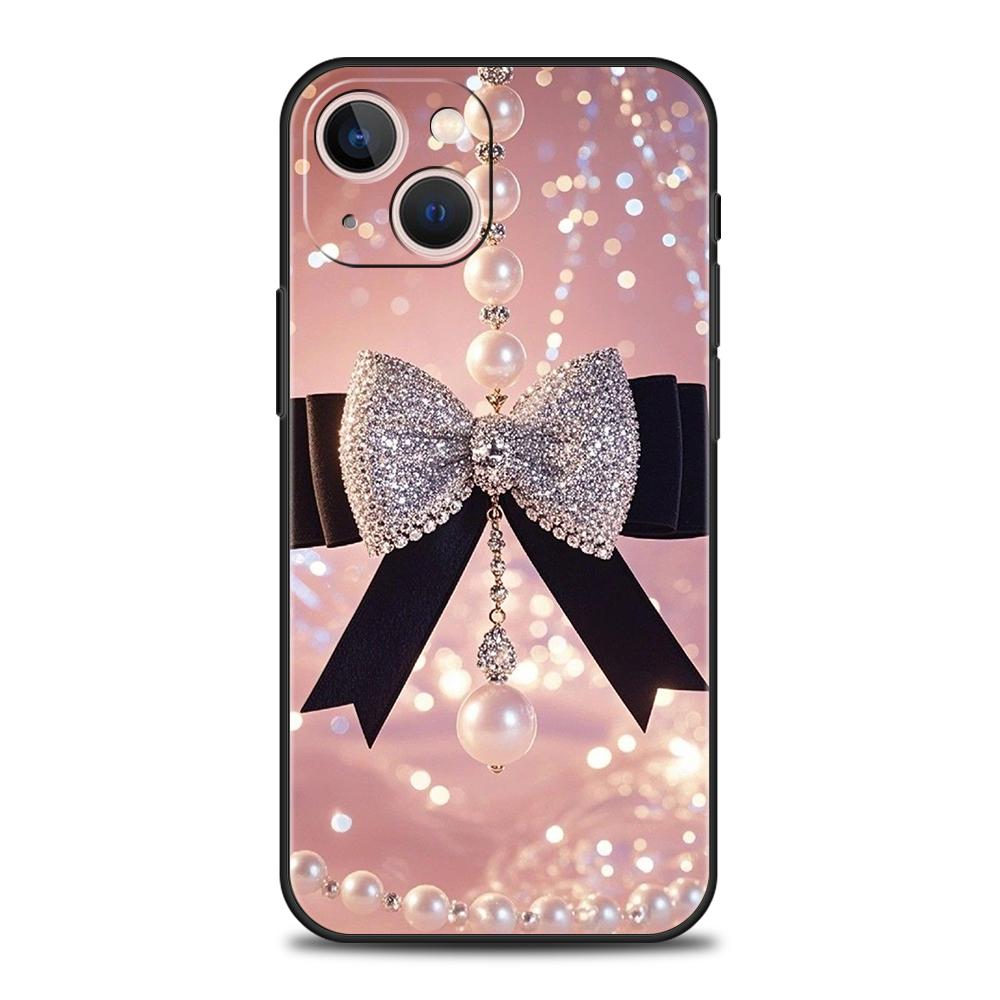 Phone Case Cover for iPhone 17 16 15 14 13 12 Pro Max 11 Pro Max 17AIR Plus Shockproof Soft TPU Black Bowknot Faux Pearl Painted