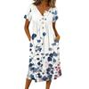 Women's Fashionable Retro Printed Round Neck Short Sleeved Button Neck Mid Length Casual Dress