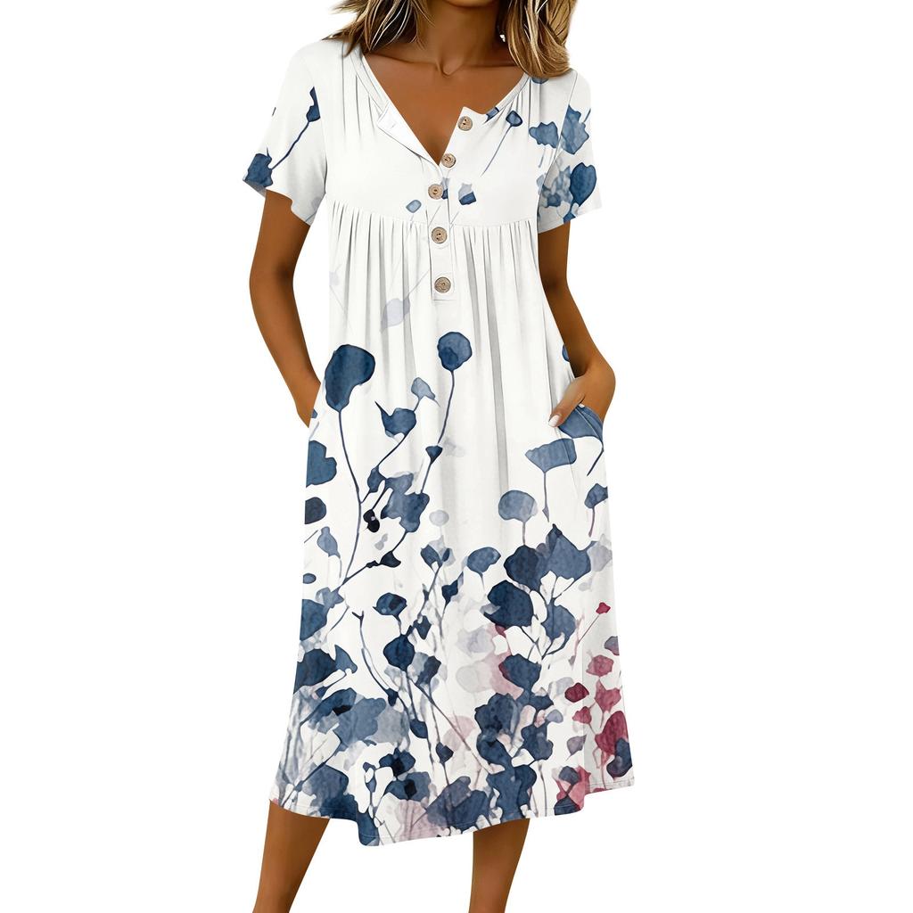 Women's Fashionable Retro Printed Round Neck Short Sleeved Button Neck Mid Length Casual Dress