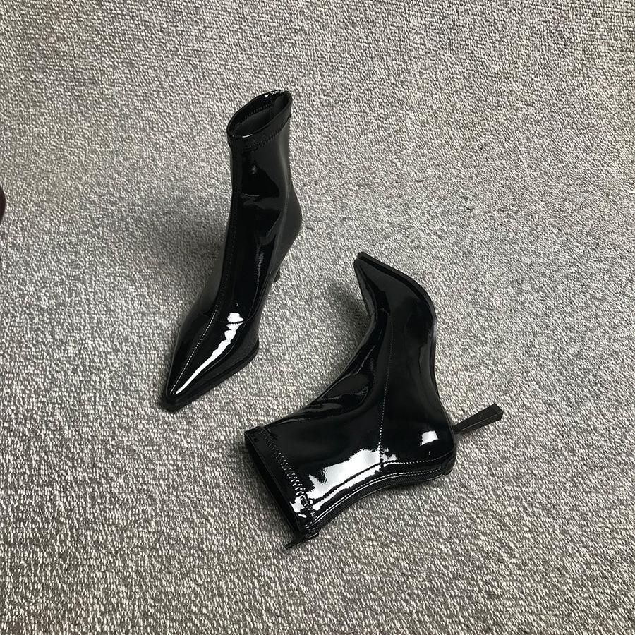 Spitze kurze Stiefel für Herbst Winter hohe Absätze elastisches Lackleder Mode vielseitig dünner Absatz Stiefeletten dünne Stiefel