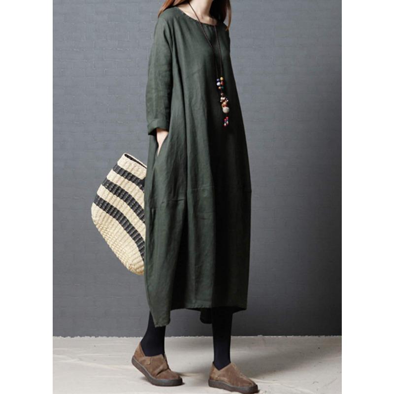 Spring Autumn Literary Vintage Solid Loose Casual Robe Women Long Sleeve Round Neck Cotton Dreess Vestidos