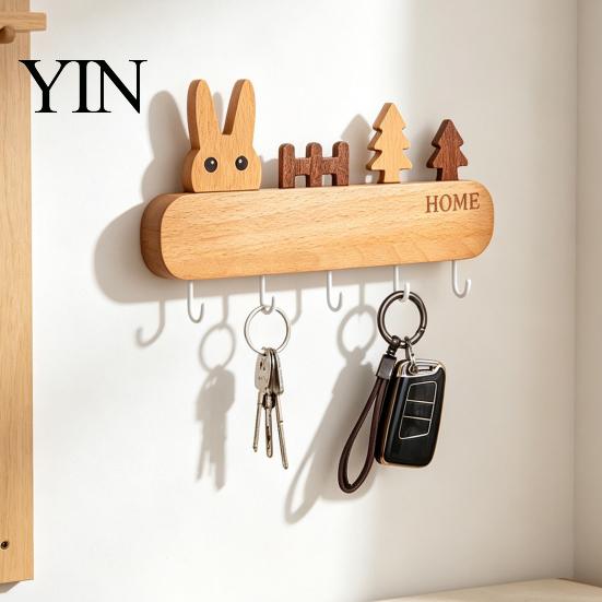 Adhesive Key Rack for Wall Wooden Holder with 5 Hooks, Cartoon House Theme Organizer, Multi Purpose Hanging Keys Pet Leashes And Hats Heavy Duty Screw