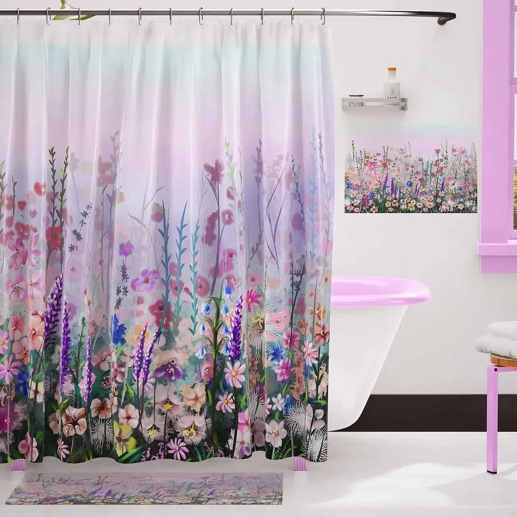 Floral Shower Curtains for Bathroom Pink Plant Flowers Watercolor Butterfly Wildflower Botanical Bathroom Curtain Set,Waterproof