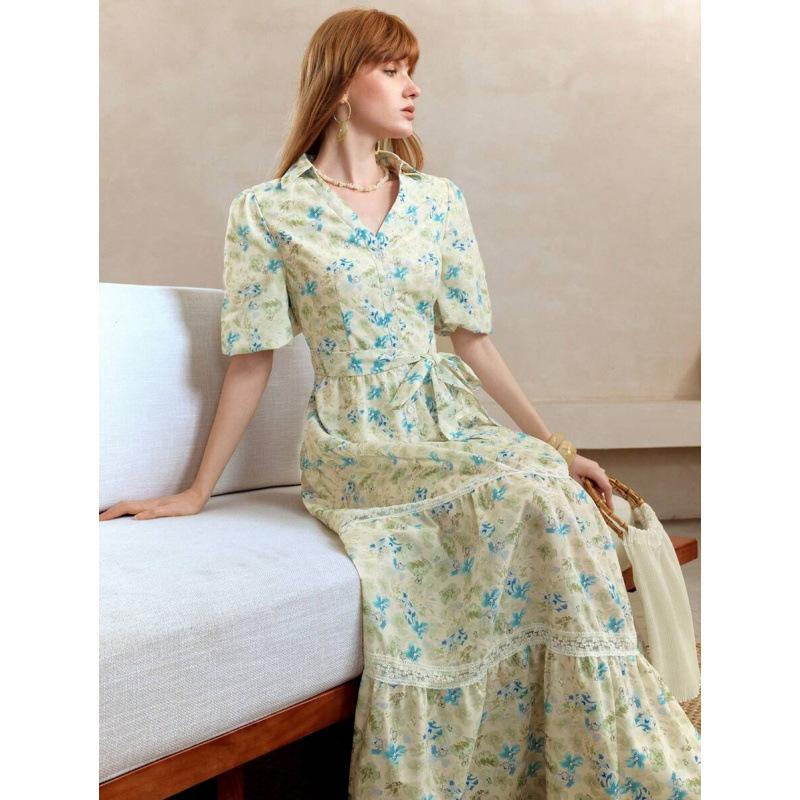 European summer new floral v-neck wide-sleeved waist strap lace splicing dress S