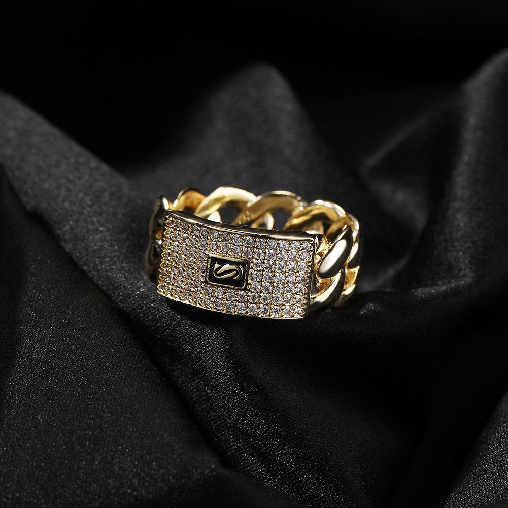 High Sense Personality Geometric Zircon Ring 14K Gold Full Diamond Cuban Chain Design Sense Ring Tide