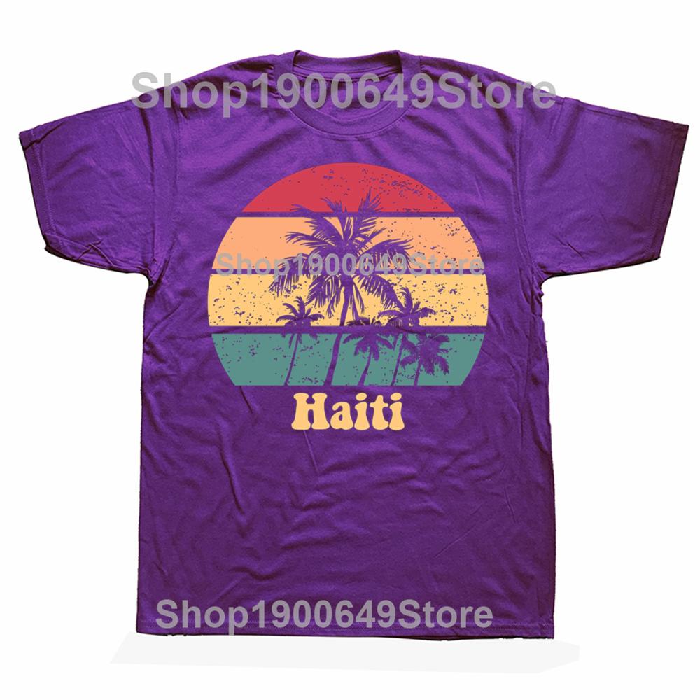 Funny Haiti Retro Sunset Proud Haitian T Shirts Cotton Streetwear Gifts Mens Clothing Fashion Casual Loose Oversized T Shirt