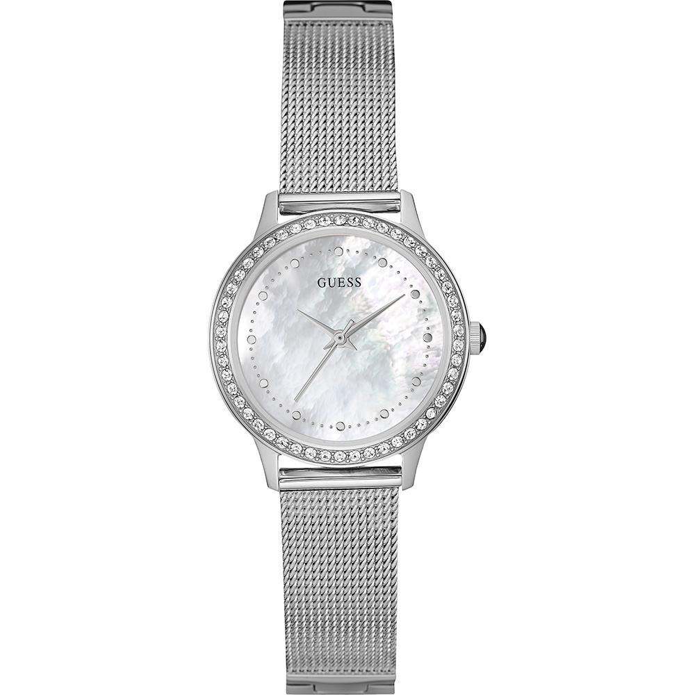 GUESS Chelsea Silver Stainless Steel Ladies Quartz Watch with Mother of Pearl Dial & Crystals W0647L1 мать жемчужного