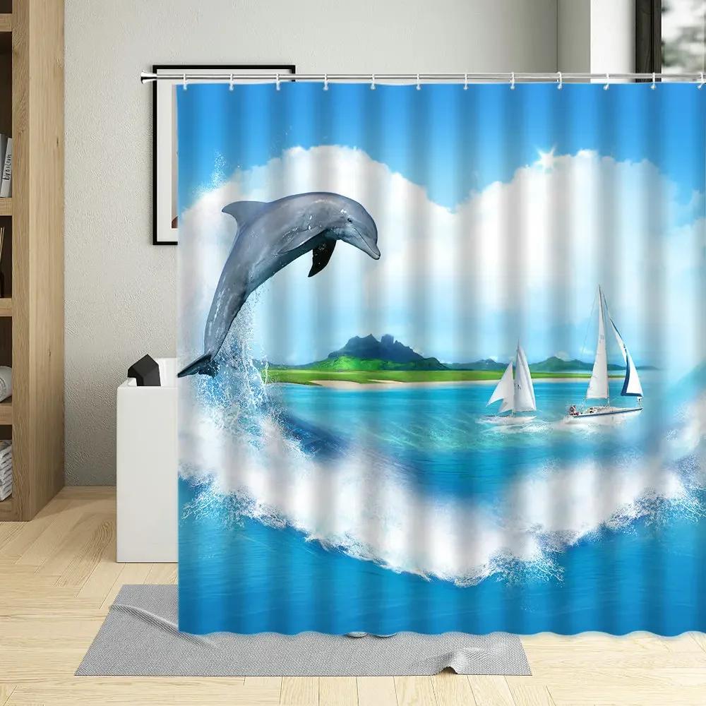 

Ocean Sea Animal Dolphin Fish Waterproof Shower Curtain Creative Deep Sea Child Bathroom Decor Screen With Hooks Curtains Set W60H190(CM)-1 Pcs