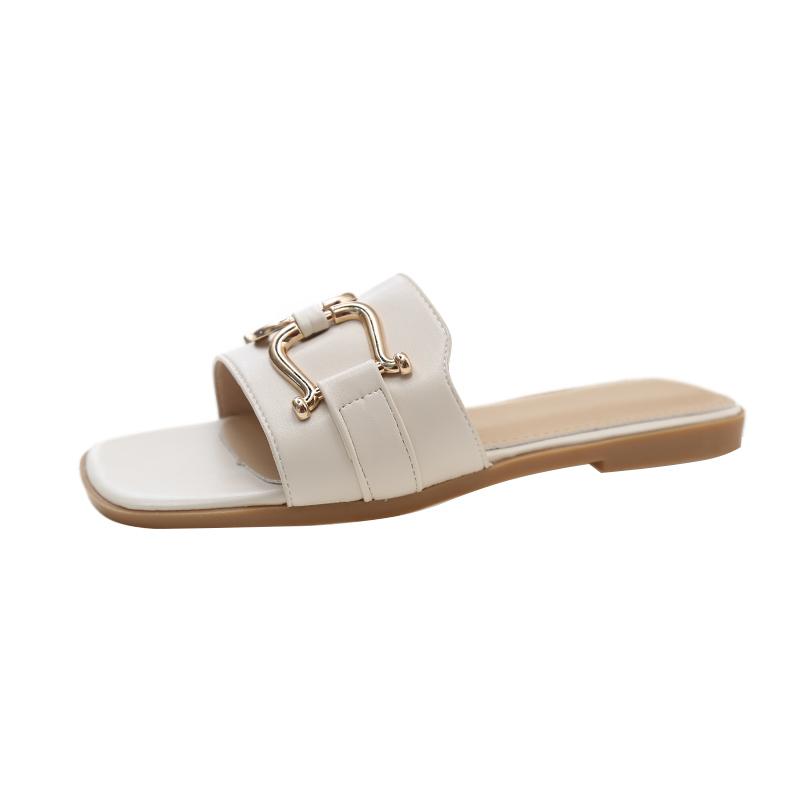 Fashion Women Wearing Flat Slippers 2025 Summer New Simple Large Size Metal Buckle Temperament Word Fairy Wind Sandals