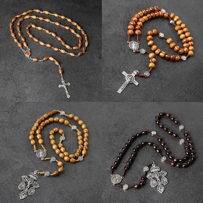 Collana Rosario Croce Perline di Legno Per Donne Uomini Cristiano Vergine Maria Ciondolo INRI Catena Gioielli Religiosi