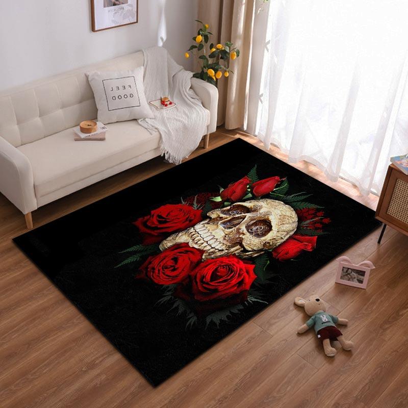 Skull and Red Roses Pattern Carpet, Gothic Style, Black Background Suitable for use as an anti-slip for living room bedroom sofas